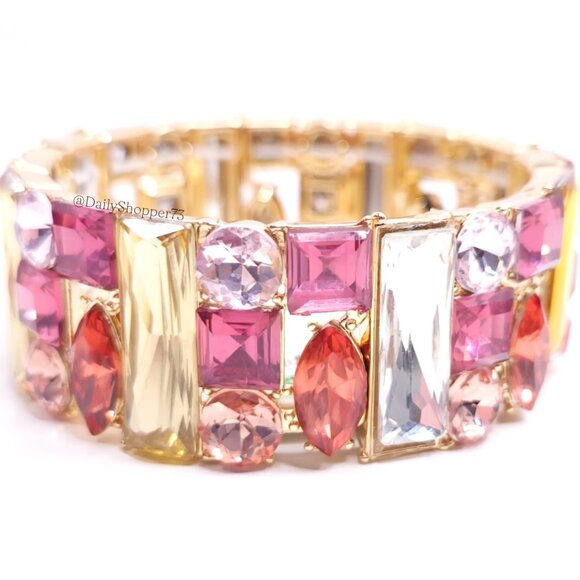 INC International Concepts Gold and Pink Glass Rhinestone Stretch Bracelet - Picture 1 of 9